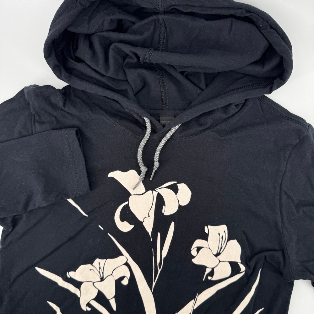 Marushka Iris Graphic Hoodie Women Small Black Long Sleeve Cotton Floral Print